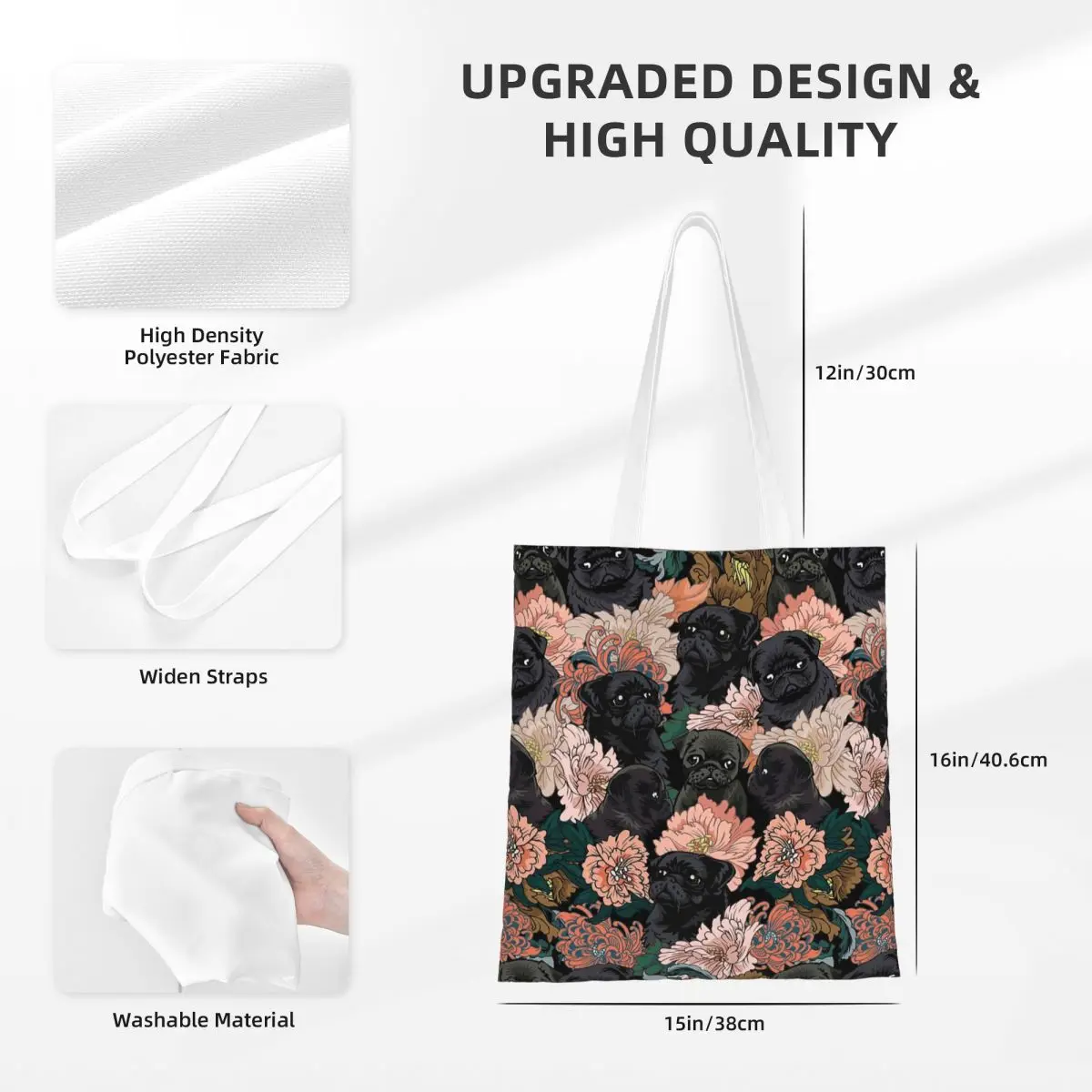 Porque Black Pug Sacos de compras Lona dobrável The Tote Bag Meninas Bolsa de ombro Bolsa de viagem