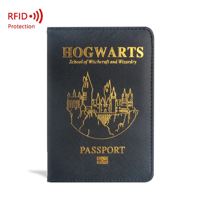 Harry Potter PU Leather Passport Travel Document Wallet Card Holder Hogwarts Magic School Pattern Protective Cover