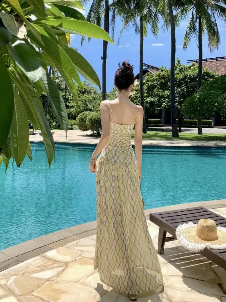 อเมริกัน Retro Elegant Boho Beach Slip Dress ผู้หญิงฤดูร้อนแขนกุดลายสก๊อตชุดยาวเซ็กซี่คลับชุดวันเกิด