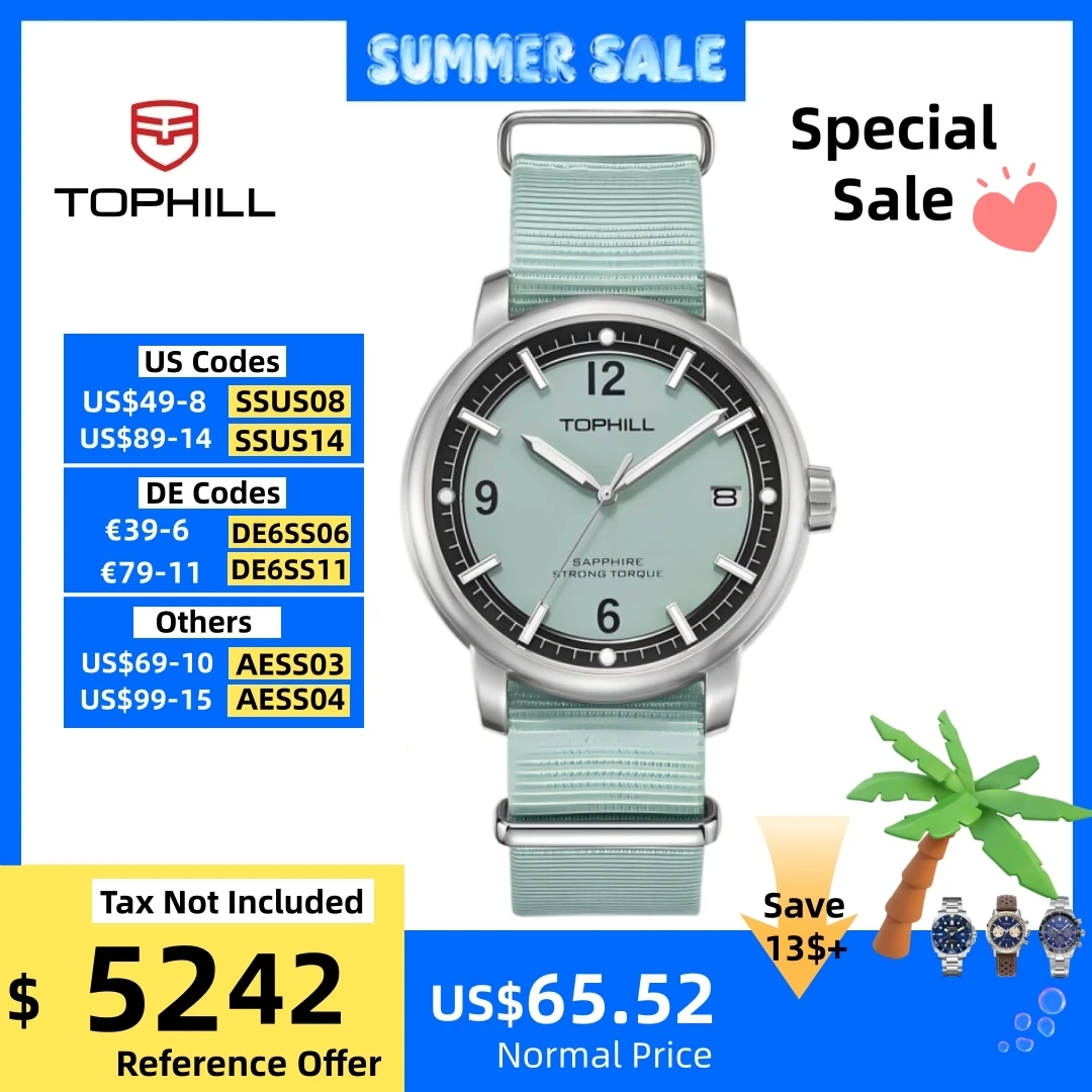TOPHILL 42mm Retro Simple Style Epson VX62E Men Quartz Watch Sapphire Crystal C3 Luminous 3H Date Window 5Bar TD009G