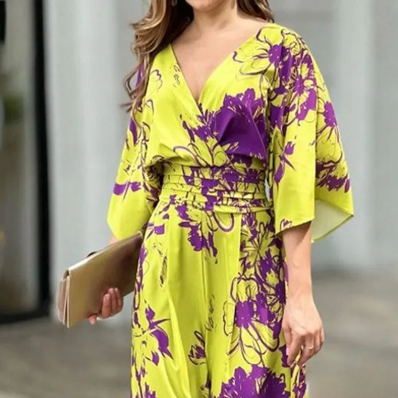 Wefads Women Jumpsuit Summer Casual Printed Short Bat Sleeve V Neck Backless Tie Up Nipped Waist Wide Legs Pants Romper