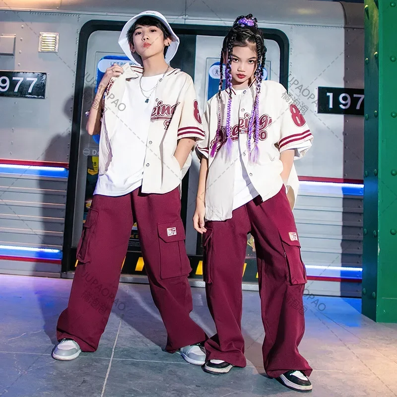 2pcs Clothes Performance Outfit Kids Hip Hop Clothing Girl Letter Print Jacket Baseball Uniform Burgundy Casual Jogger Pant