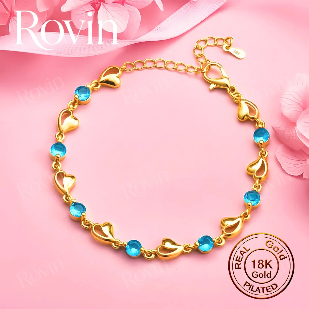 18K Gold 8-Inch Exquisite Heart-Shaped Blue Zircon Bracelet – Stylish Women's Wedding Jewelry & Party Gift