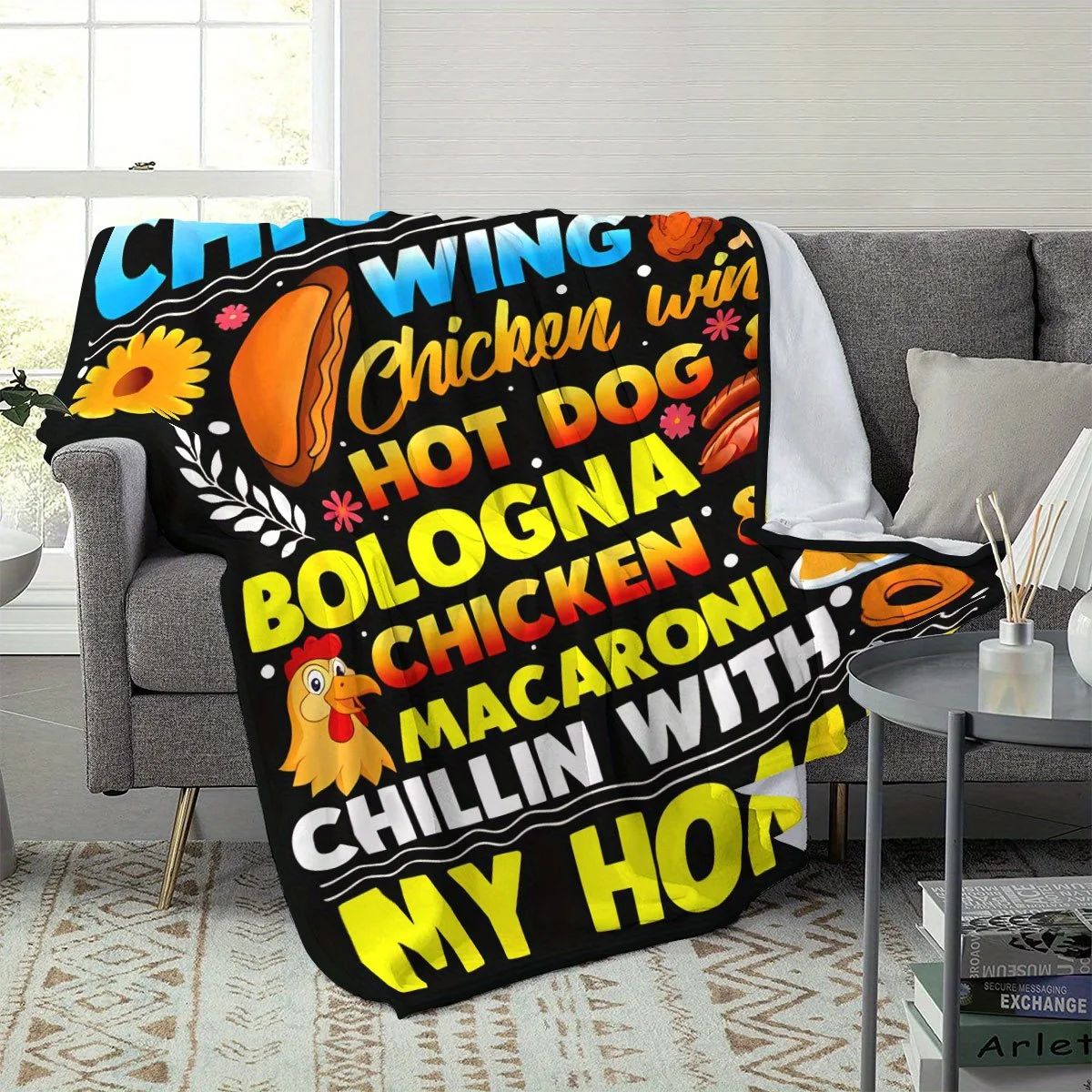 1pc Chicken Wing & BBQ Themed Flannel Blanket - Soft Polyester, All-Season Comfort for Home, Travel, Office, Camping - Ideal Gif