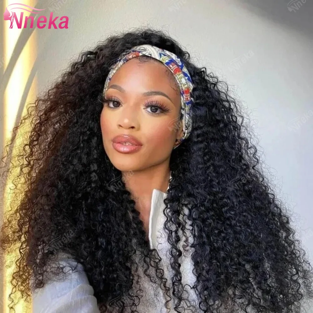 

Kinky Curly Headband Wigs Brazilian Remy Human Hair 200% Density 30 Inch Wear to Go Glueless Water Wave Headband Wig For Women