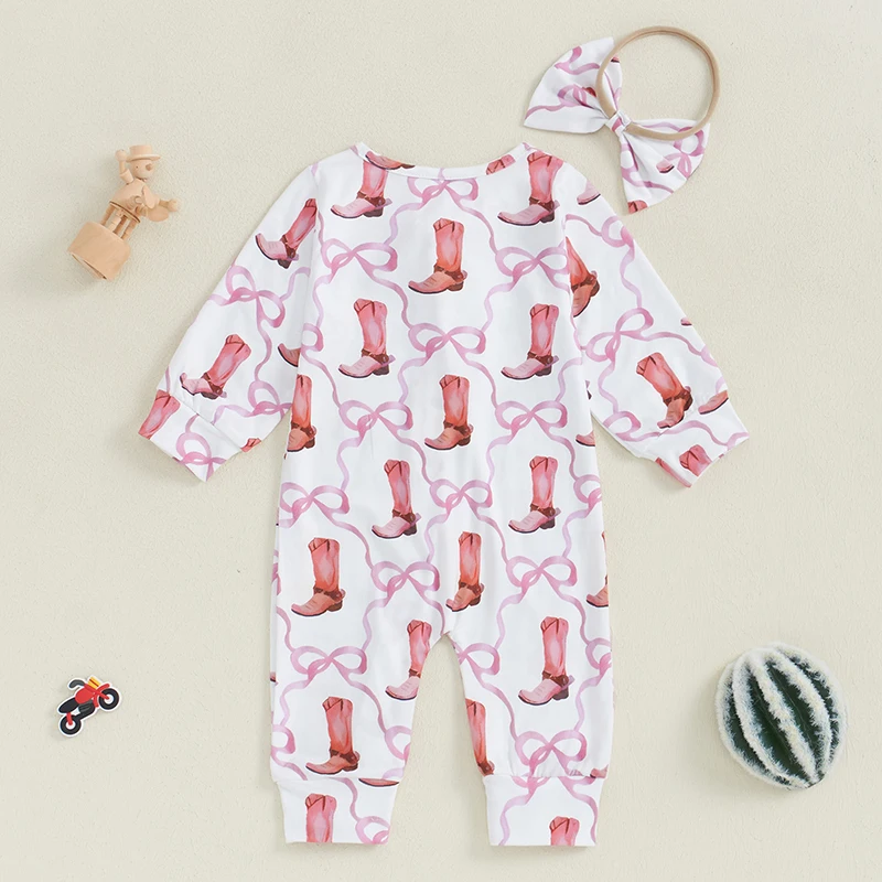 2024-06-29 Lioraitiin Baby Girl Fall Jumpsuit Ruffled Zip Up Boots Print Long Sleeve Round Neck Romper Adorable Bow Headband