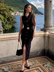 HH Fashion Women Elegant Single Breasted Hem Slit Belt Decorate Back Zipper Slim Dress Woman O-Neck Sleeveless Midi Dress