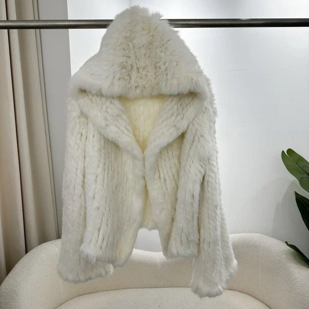 2024 Autumn and Winter New Encrypted Thickened Handmade Double-sided Woven Hooded Korean Style Short Rabbit Fur Coat for Women