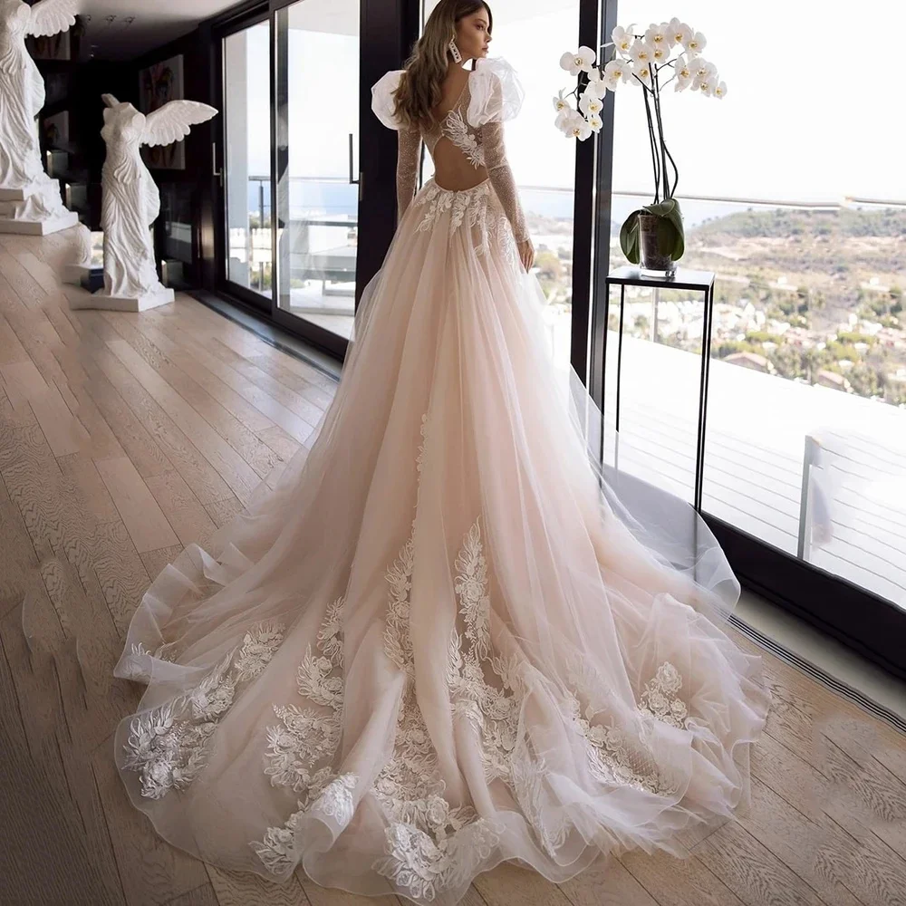 Champagne Princess Lace Tulle Modern Wedding Dresses Sweetheart Long Puff Sleeve Glitter Bridal Gown Plus Size Vestidos De Noiva