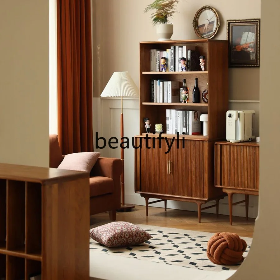 

American Style Combination Bookcase European Style with Ladder Solid Wood Storage Cabinet Vintage Carved Bookshelf
