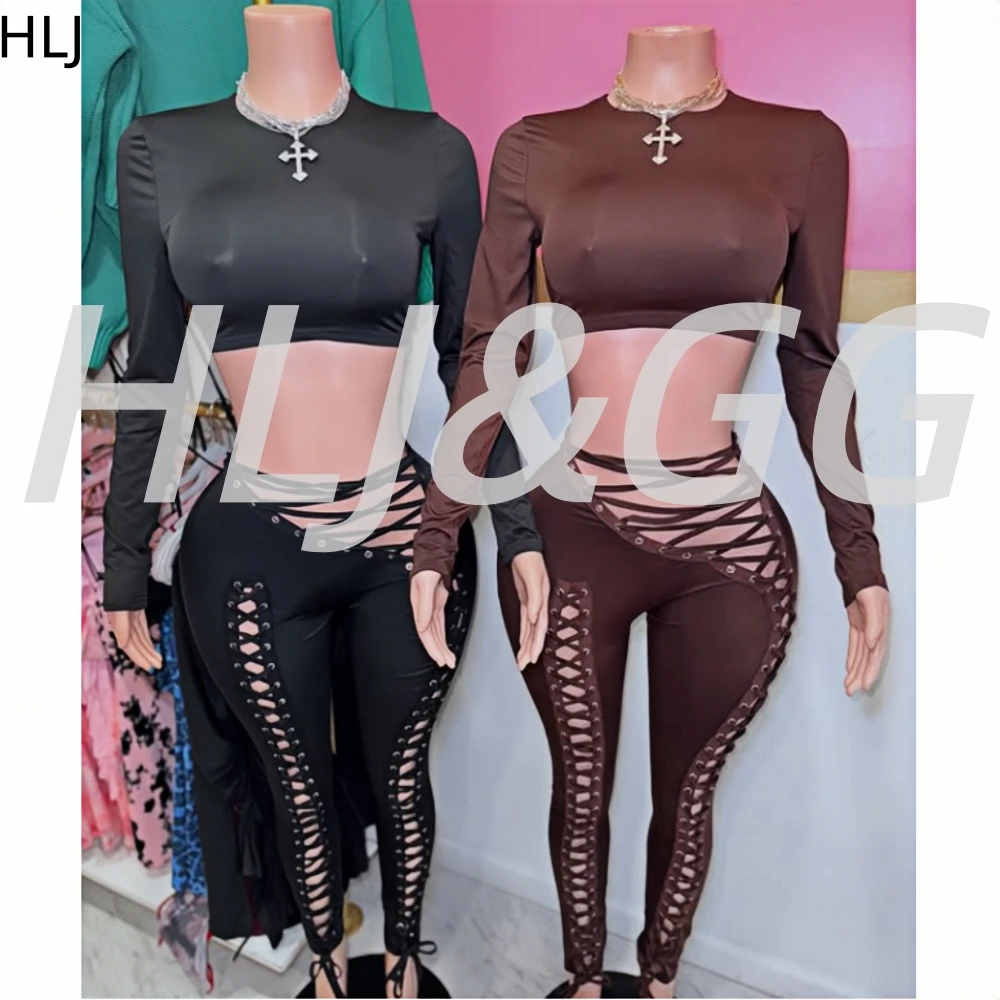HLJ Y2k Fashion Bandage Patchwork Two Piece Outfits Woman Solid Color Long Sleeve Crop Top and Pants Matching Female Streetwear