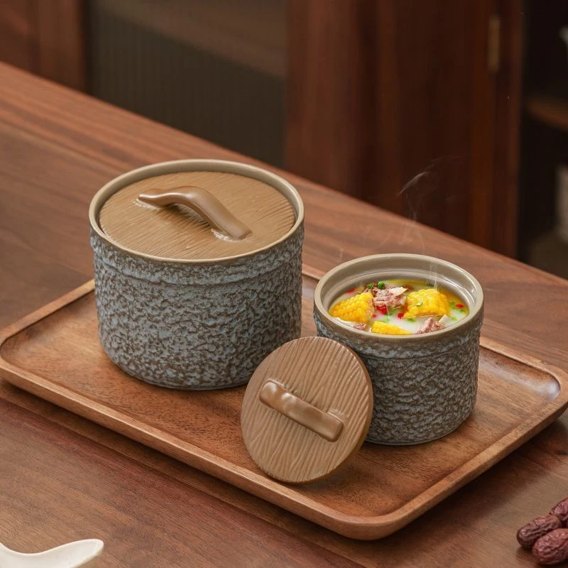 Image 3: Pot à ragoût en céramique naturelle, Pot à ragoût résistant aux hautes températures, résistant à l'eau, ménage avec couvercle, bol alimentaire complémentaire