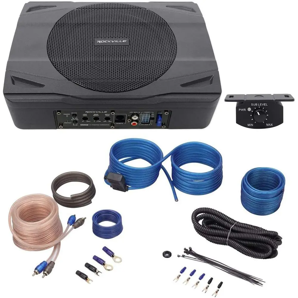 

SS8P Bundle: 400-Watt 8 in Slim Under-Seat Active Powered Caruck Subwooer, RWK10 10 Gauge Amp Installation Kit with ANL use Hold