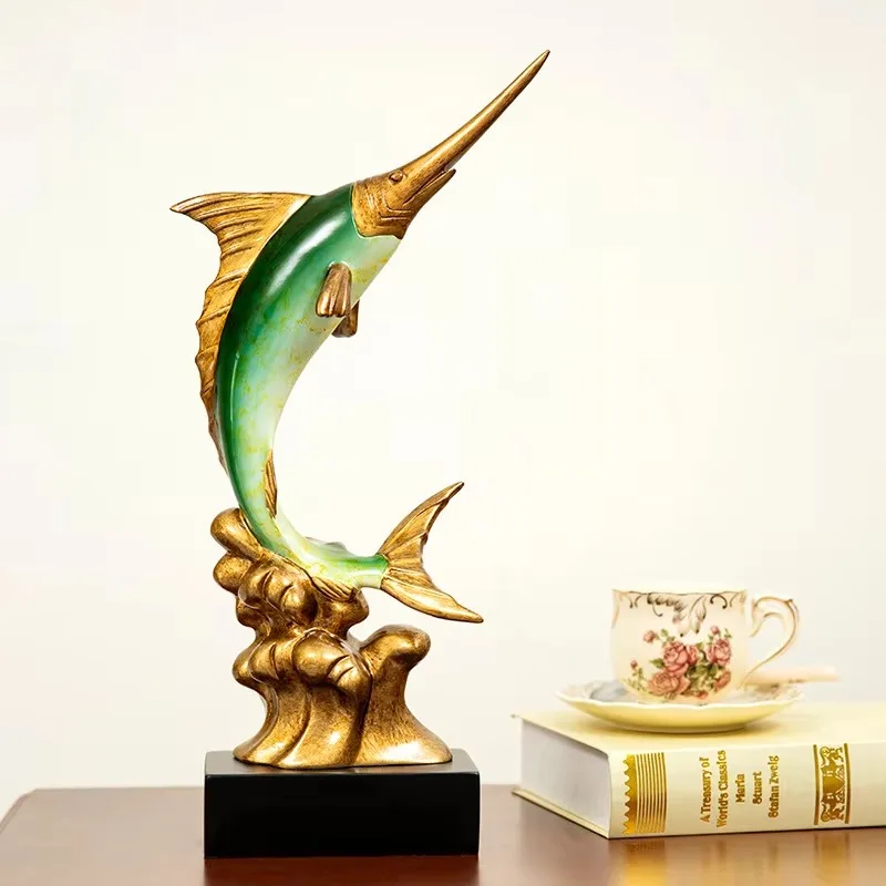 European Style Swordfish Sculpture Ornament Pair Home Living Room Office Desktop Decorative Art Craft Gradient Color Body