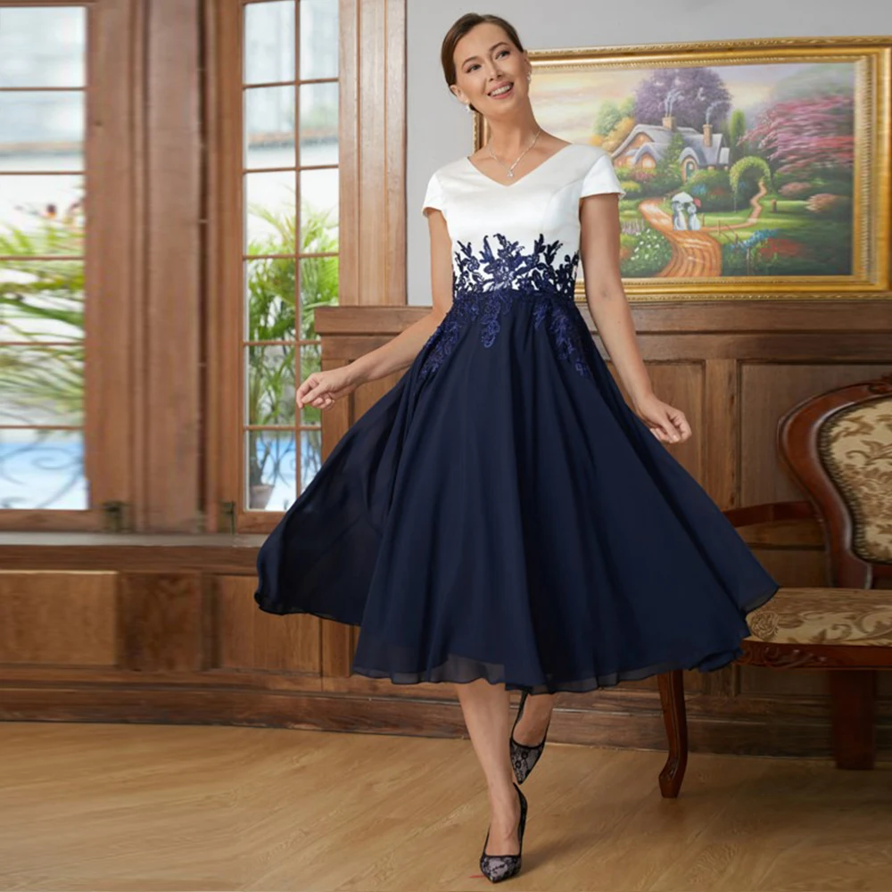 Vestido elegante de gasa y satén para madre de la novia, fiesta de Vestido corto de invitados con cuello en V, apliques de Madrina