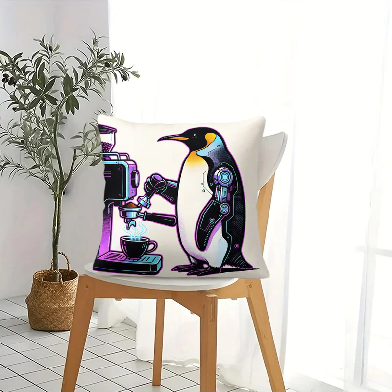 Cute Coffee Penguin Print Throw Pillow Cartoon Square Cushion Including Pillow Inserts Soft For Sofa Bedroom Fashion Gift Decor