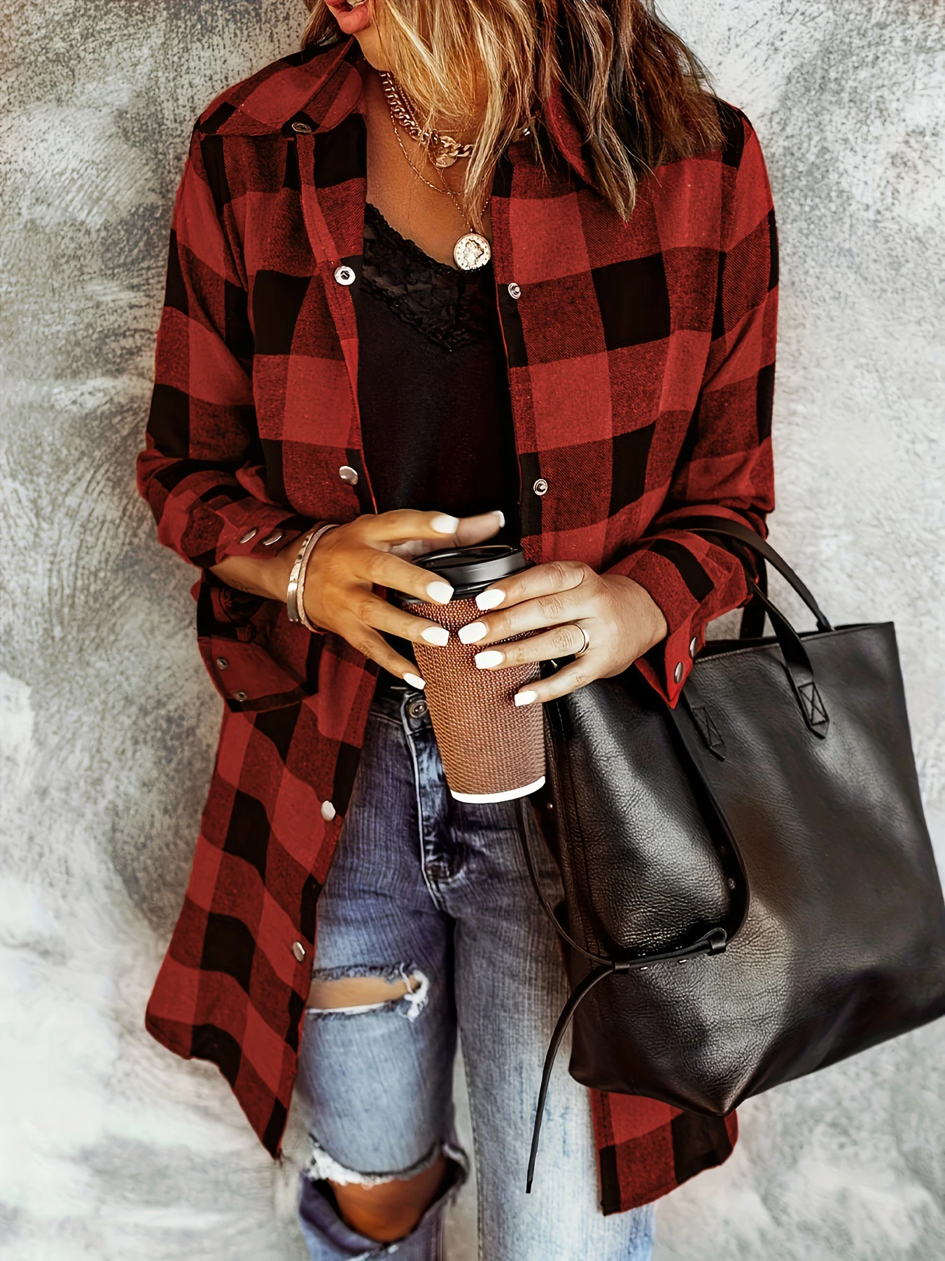 Damen Karierte Hemdjacke, Langarm-Bluse mit Knopfleiste, Lässige Mode für Alle Jahreszeiten, Stilvolle Damen-Oberbekleidung – Detail 1