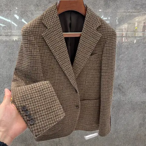 Vintage British Windsor Wool Suit Thick Autumn Winter Tweed Houndstooth Plaid Slim Fit Men's Blazer
