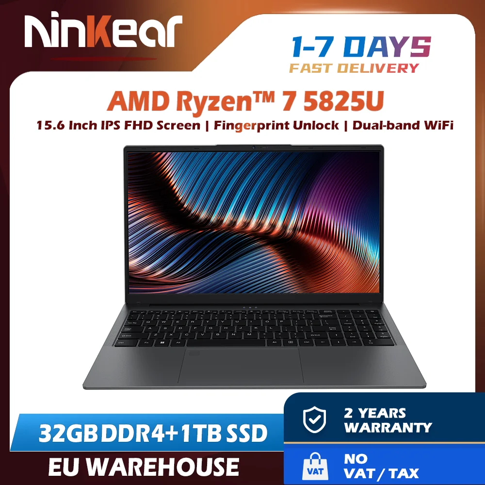 Laptop do gier Ninkear A15 Plus AMD Ryzen ™   7 5825U 4,5 GHz 15,6-calowy FHD IPS 32 GB DDR4 1 TB SSD Podświetlana klawiatura Odblokowanie za pomocą linii papilarnych