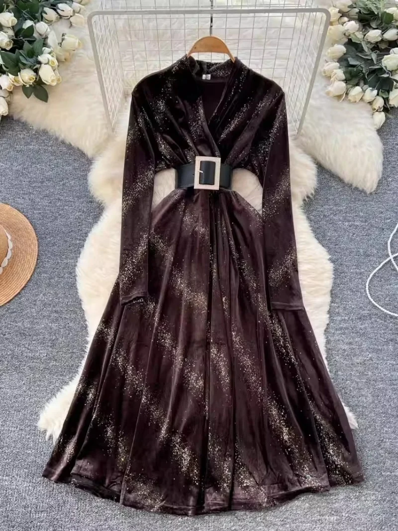 

Элегантное модное платье позолоченного цвета для женщин, осень-зима, французское бархатное платье с поясом и v-образным вырезом, длинное платье с длинными рукавами, Vestidos W1148