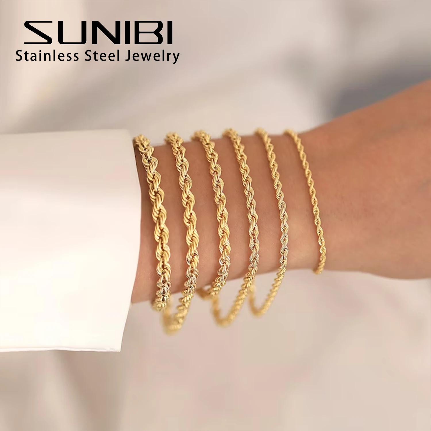 SUNIBI Twisted Rope Chain Bracelets for Women Lady Stainless Steel Gold Color Bracelet Wrist Jewelry Wholesale Dropshipping