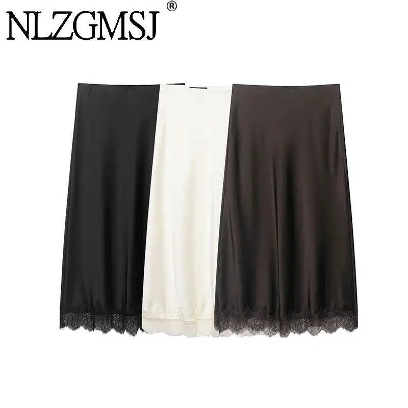 NLZGMSJ Damen-Rock aus Satin mit Spitzen-Patchwork, hohe Taille, lange Röcke für Damen, Midi-Rock, Damen-Büro-Rock, elegante Damenröcke
