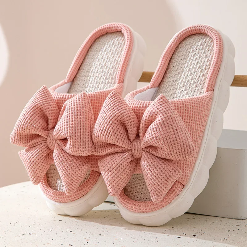 2024 New Solid Color Three-dimensional Bow Thick Soled Korean Style Sweet Four Season Home Wooden Floor Open Toe Slippers