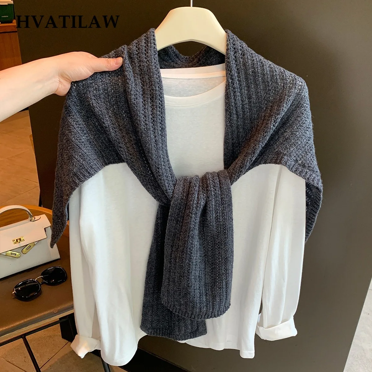 Hollow Knit 100% Wool T-shaped Scarf Ladies Warm Soft Lightweight Outfit Neckwear Wrap Shawl Neckerchief Scarves Pashmina Poncho