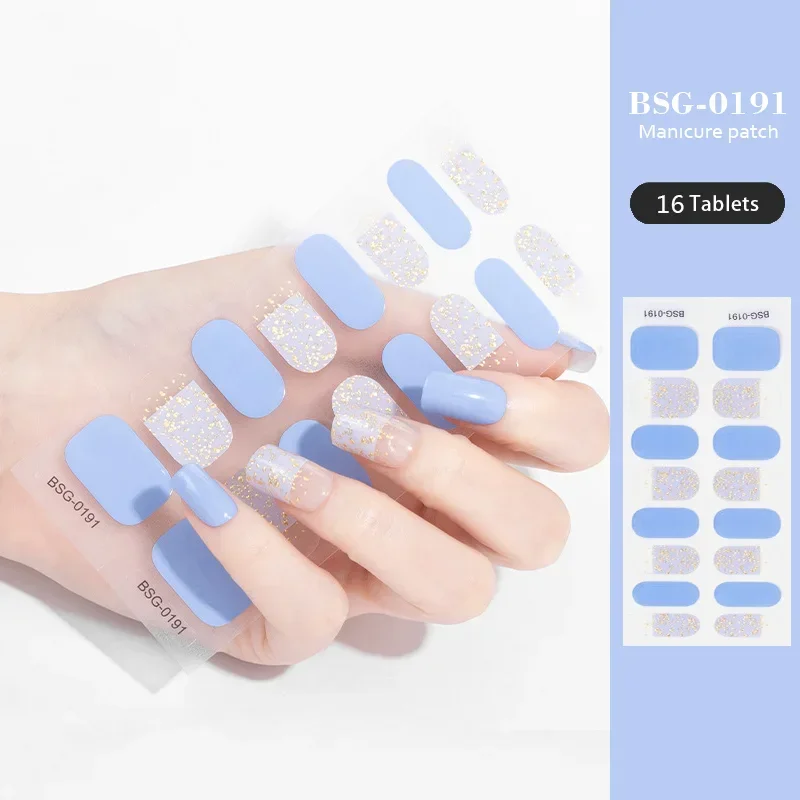 Pegatinas de uñas de Gel semicurado 3D, parches de uñas de Gel dorado caliente, pegatinas de cubierta completa para uñas, lámpara UV, necesita dijes de uñas, 16 puntas