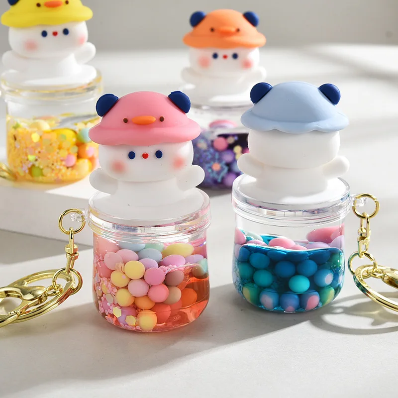 Cartoon Liquid Quicksand Cans Keychain Cute Snowmen Bear Doll Acrylic Floating Bubble Bead Keyring Pendant for Women Couple Gift