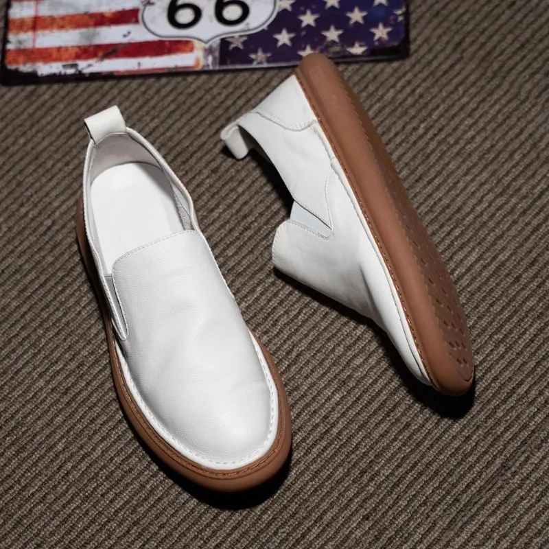 Harajuku Summer White Genuine Leather Mens Loafers Shoes Breathable Slip On Soft Male Casual Flat Sneakers Shoes Calzado Hombre