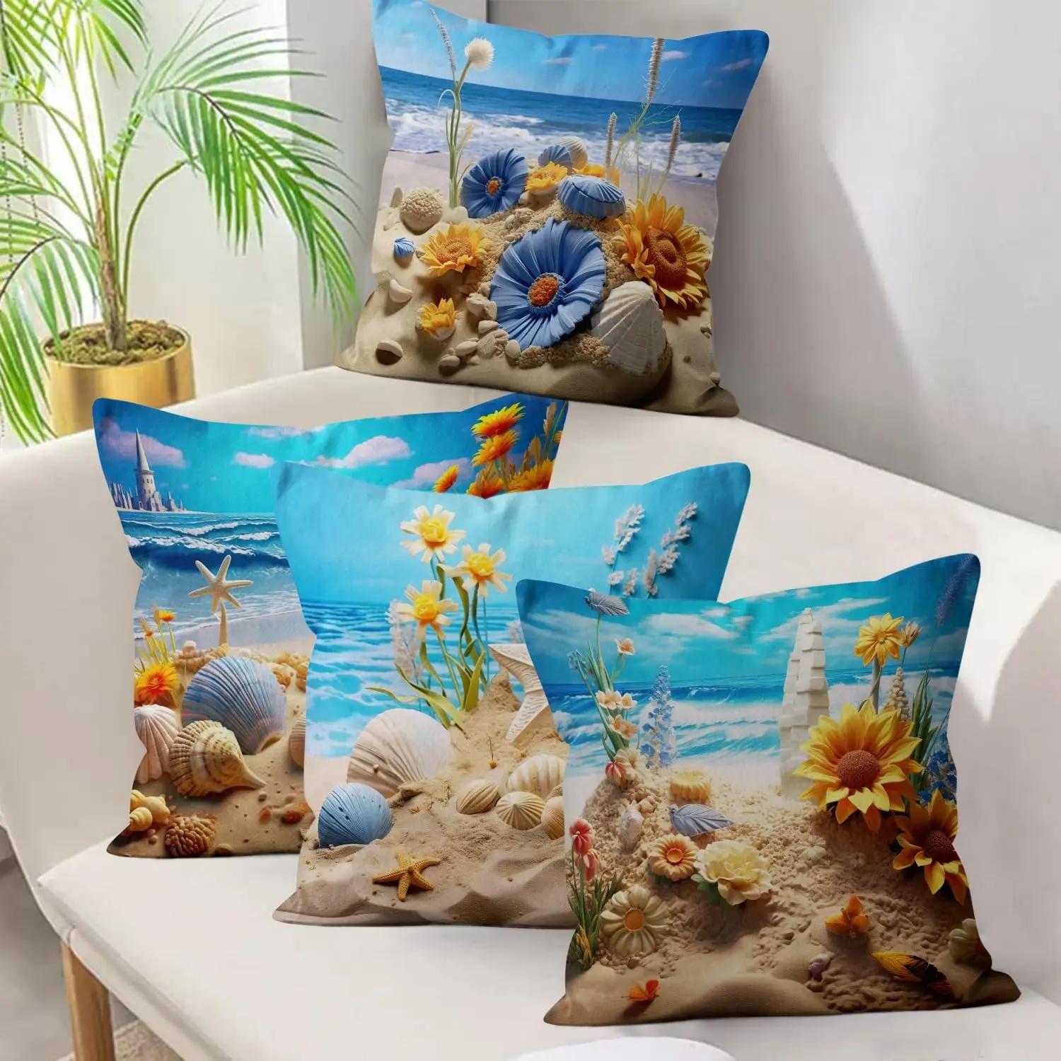 4pcs 3D Beach Shell Starfish Ocean Wave Printed Pillow Cover Polyester Cushion Case 2D Flat Summer Vacation Home Decor Now