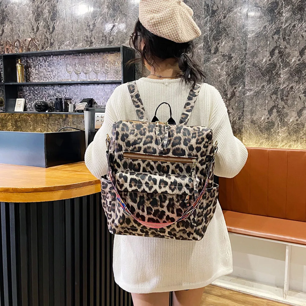 Fashion Women Backpack Animal Leopard Zebra Print Leather Backpacks Retro Handheld Large Capacity Shoulder Bags Travel Rucksack