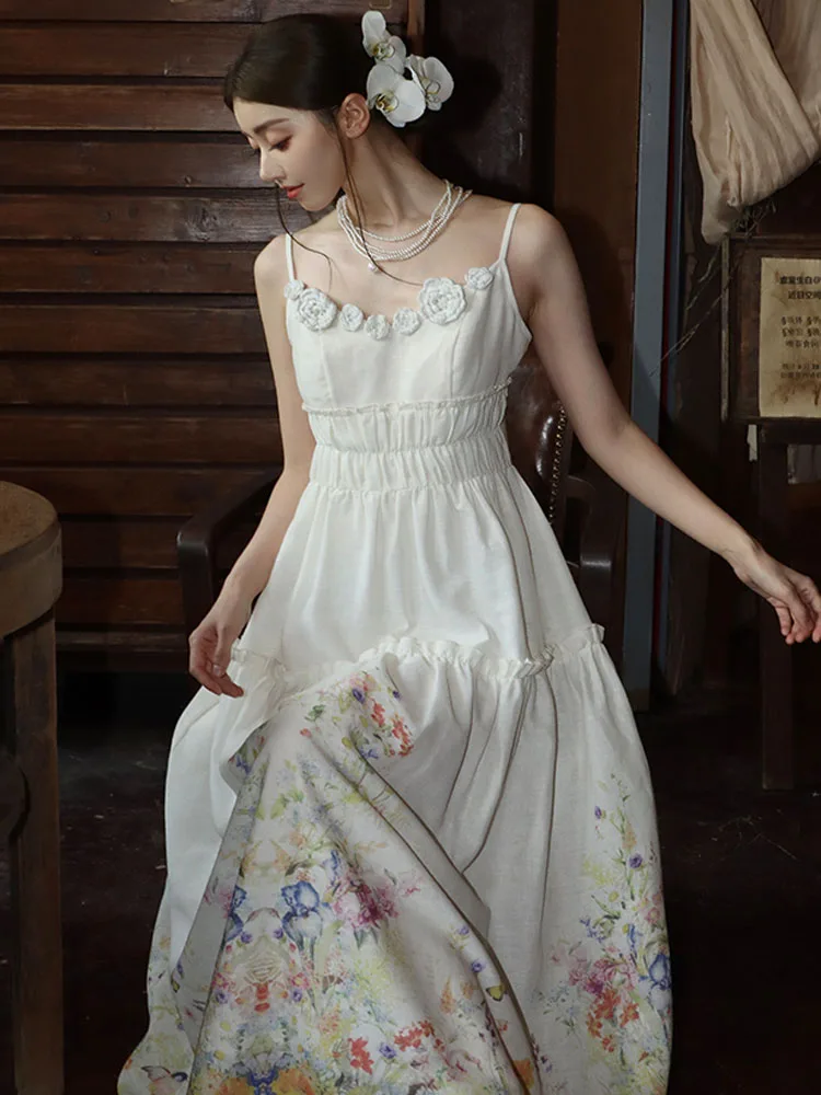 Vintage Boho Mode Lange Kleider Für Frauen Sommer Blume Drucken Chiffon Hohe Taille Casual Urlaub Party Kleid Vestidos 2025, Neue