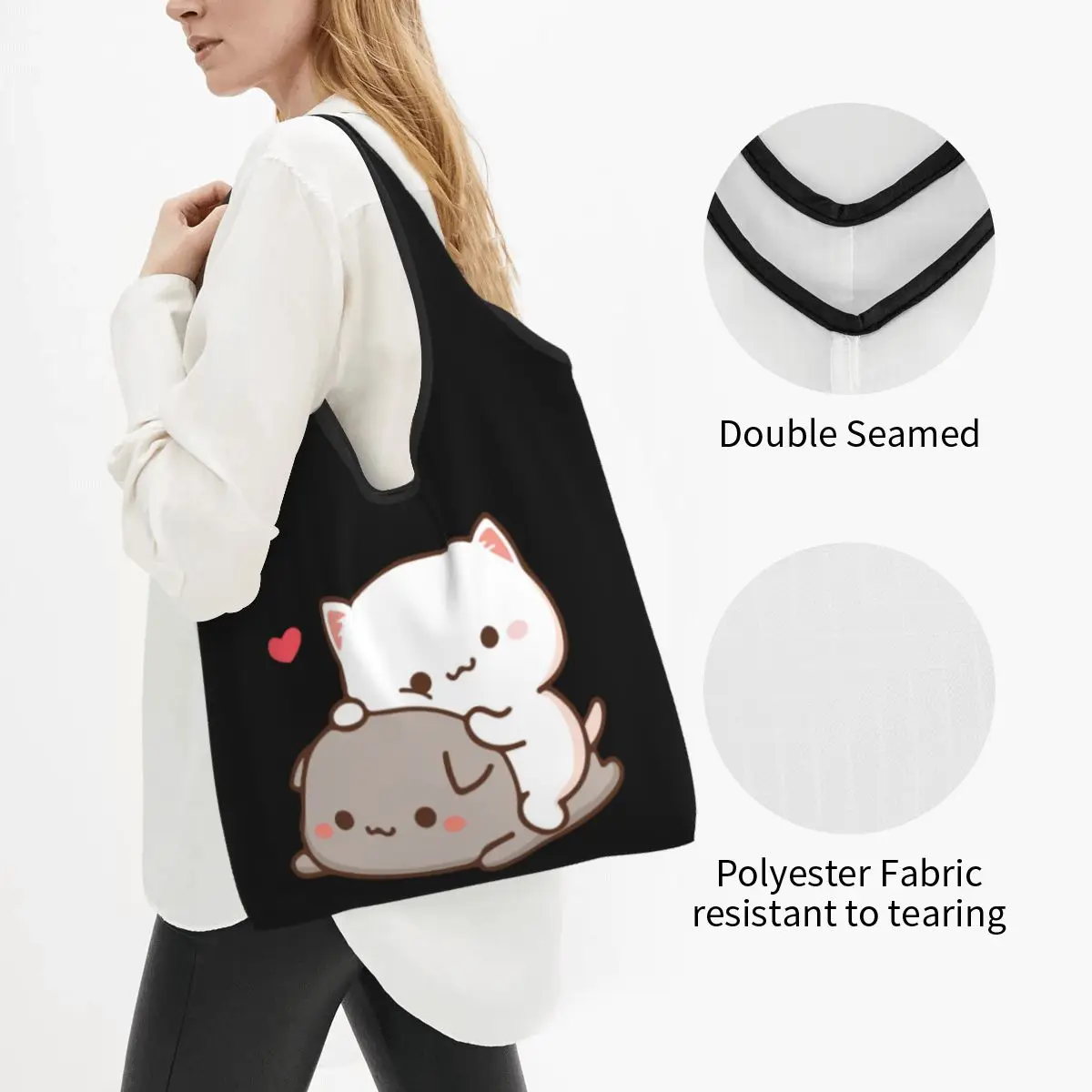 Custom Fashion Printed Mochi Cat Peach And Goma Shopping Tote Bag Portable Shoulder Shopper Handbag