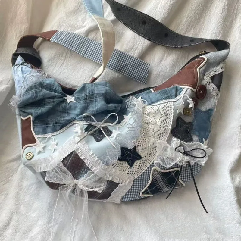 

JIAERDI Sweet Star Bow Tote Bag Women Lace Patchwork Large Capacity Shoulder Bags Ladies Harajuku Elegant Casual Crossbody Bag