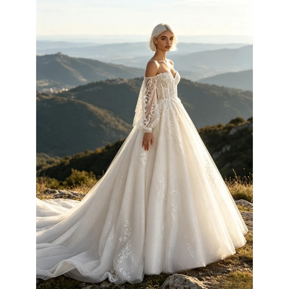 Customized Long Sleeved Off Shoulder Lace Wedding Dress Sheer Shiny Bridal Gown Paired with A Long and Elegant Tail New Style