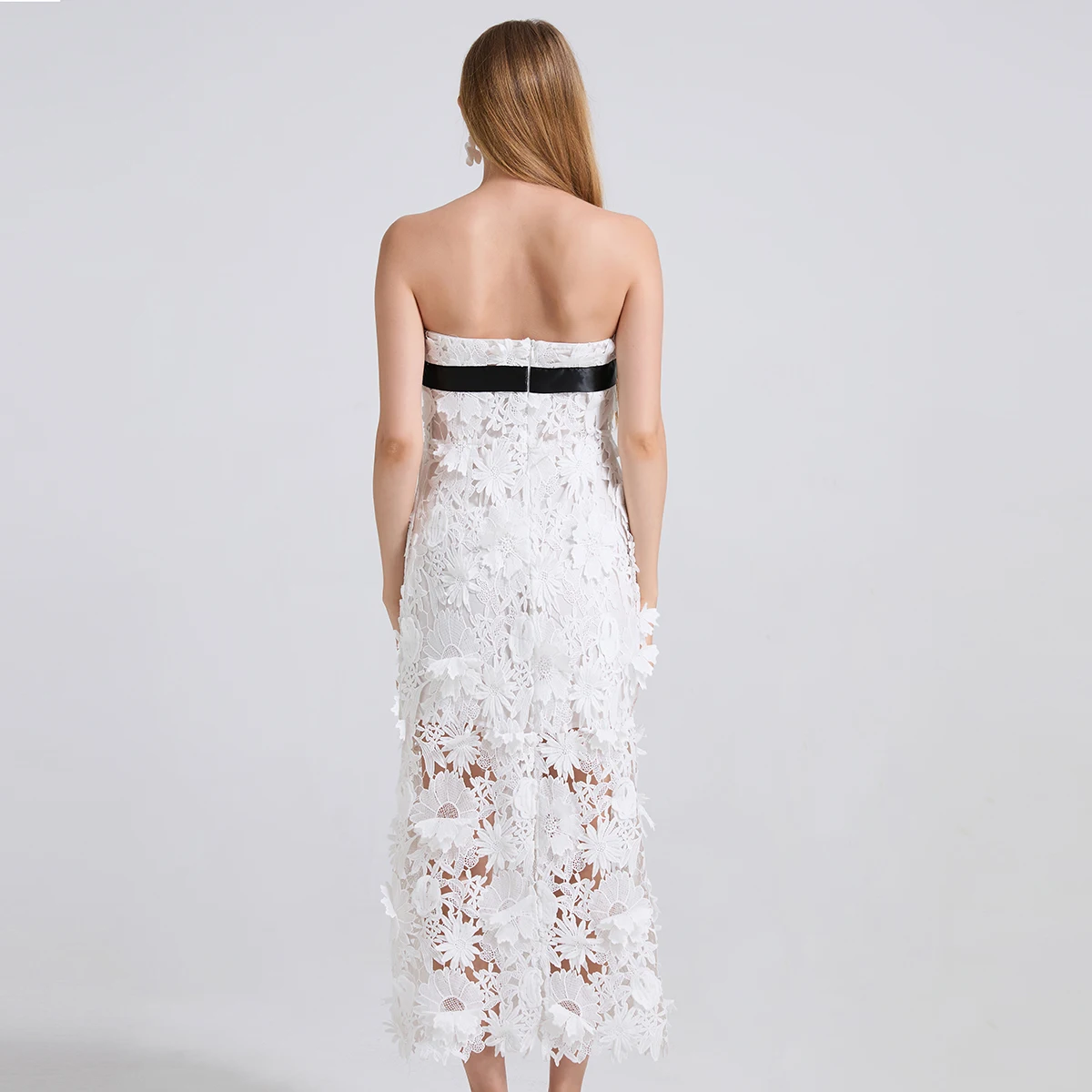 Heavy Industry Lace Three-dimensional Flower Embroidery Strapless Long Dress Summer 2025 Women's Black and White Bag Hip Skirt