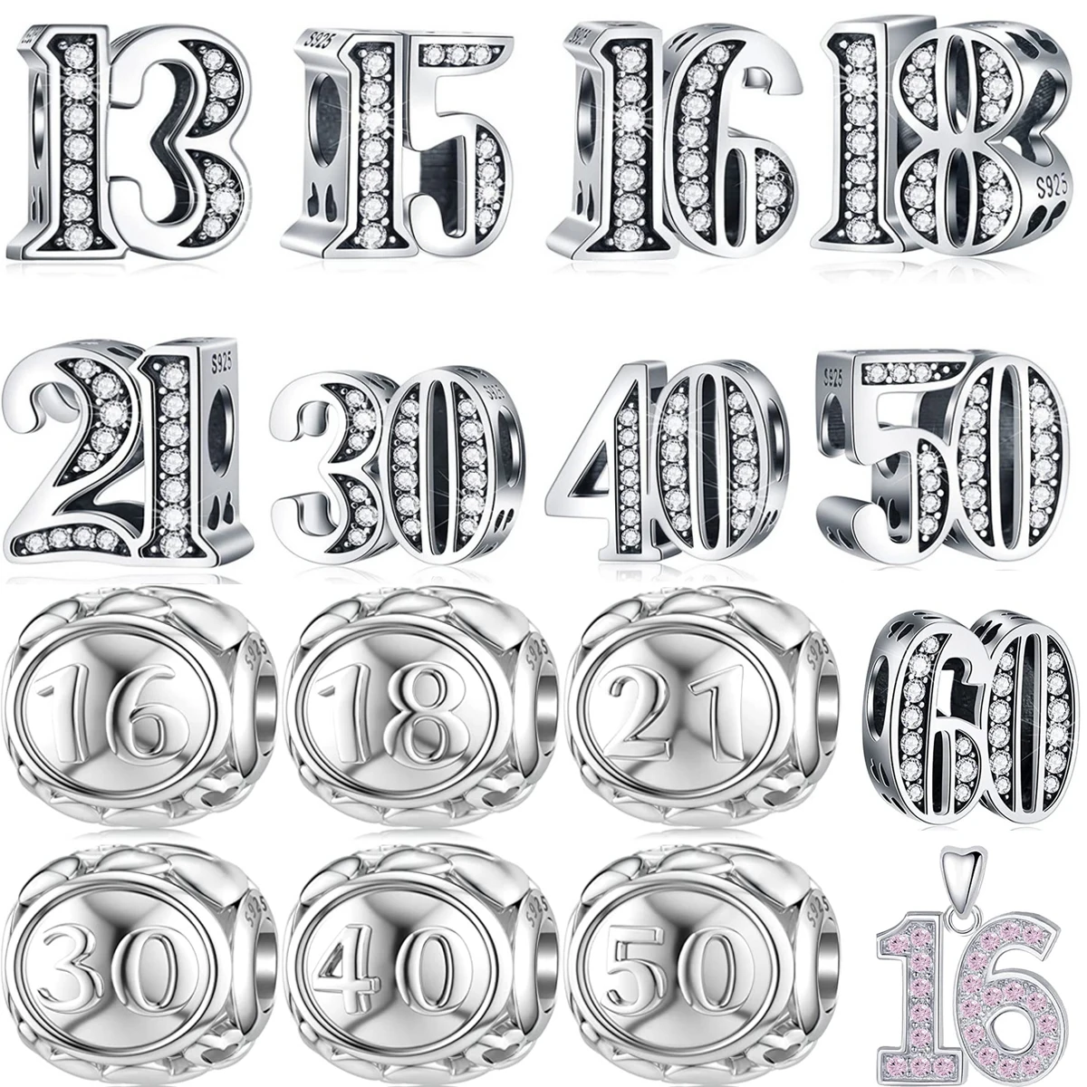 New S925 Silver Hollowed Out three-dimensional Sparkling Arabic Numeral Charm Beads Fit For Bracelets Necklaces DIY Fine Jewelry