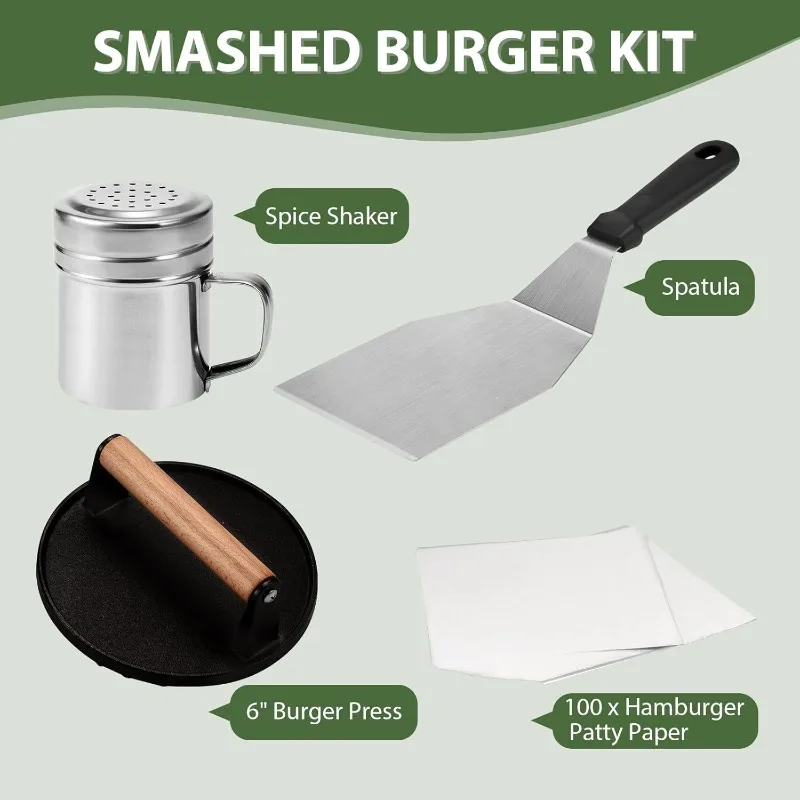 Outdoor Barbecue Tool Set Cast Iron Meat Press Stainless Steel Powder Dispenser Complete Burger Press Kit for Grilling
