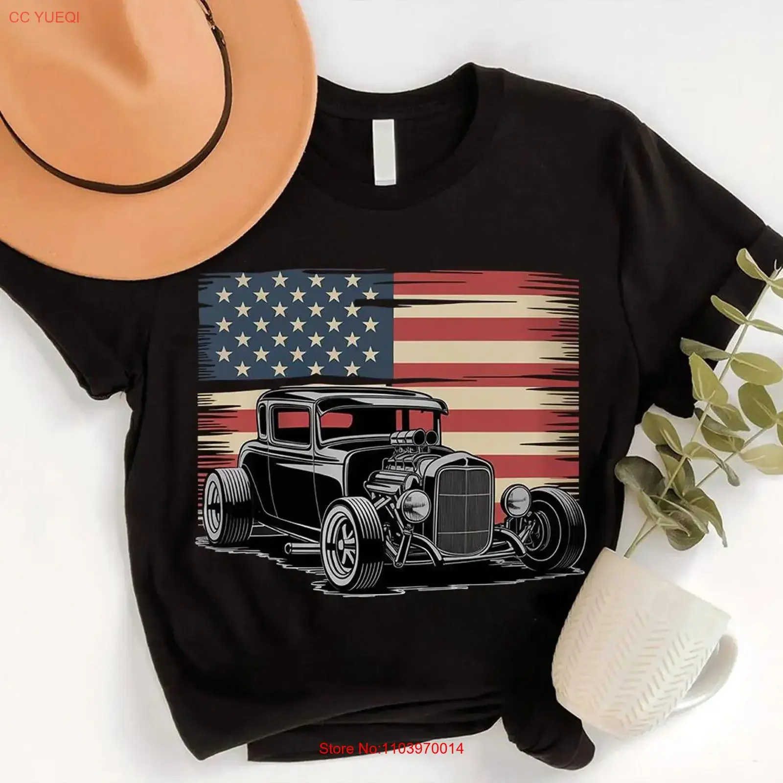 Vintage Hot Rod American Flag T-Shirt für Auto-Enthusiasten, Vintage-Stil, gewaschen, dehnbar, lässige Designerkleidung, atmungsaktiv, vielseitig