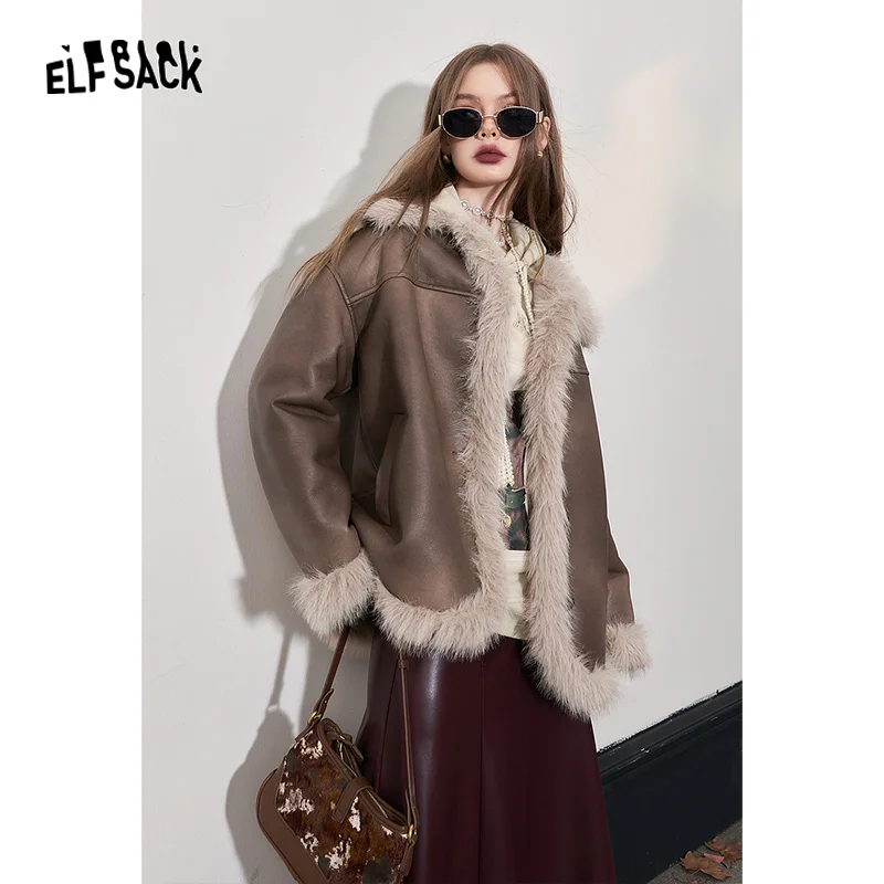 ELFSACK Fleece PU Coats Woman 2023 Winter New Designer Luxury Clothes