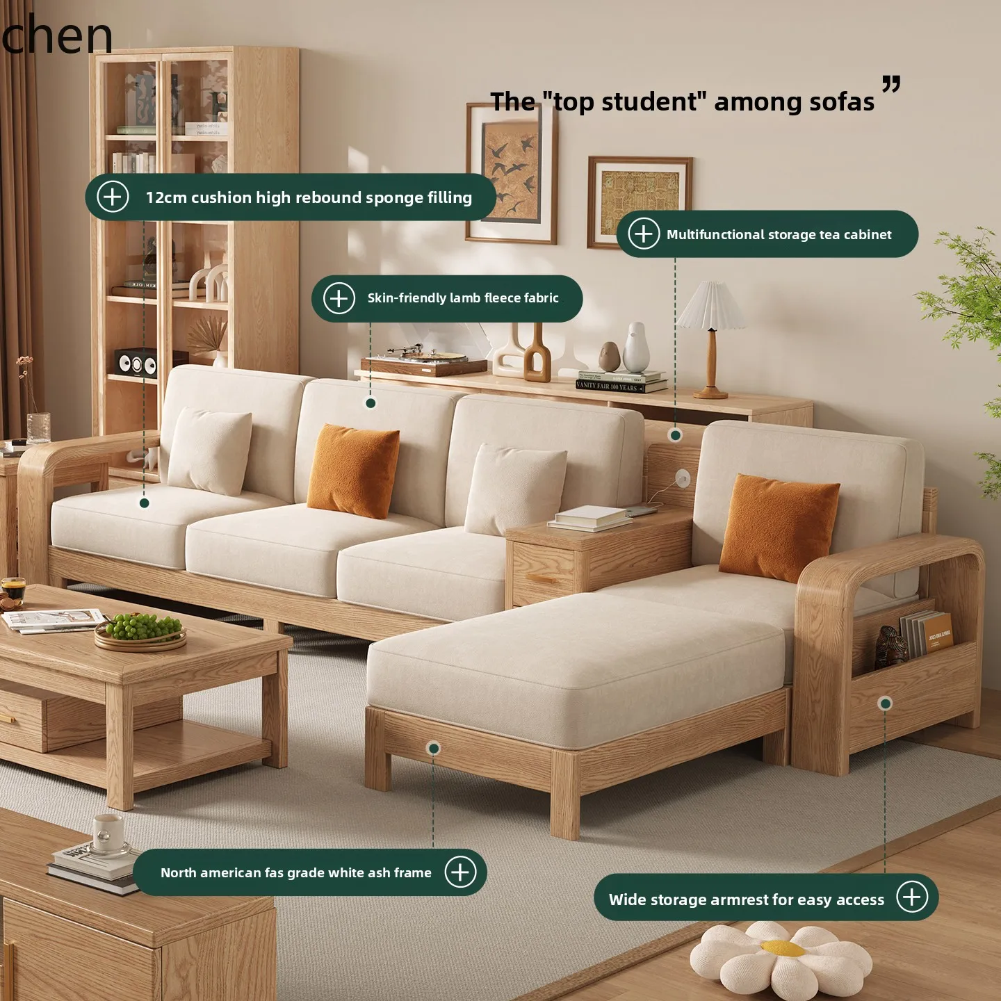 PYH Nordic Solid Wood Sofa Set Living Room New  Style White Ash Fabric Sofa Large and Small Natural Wood Furniture