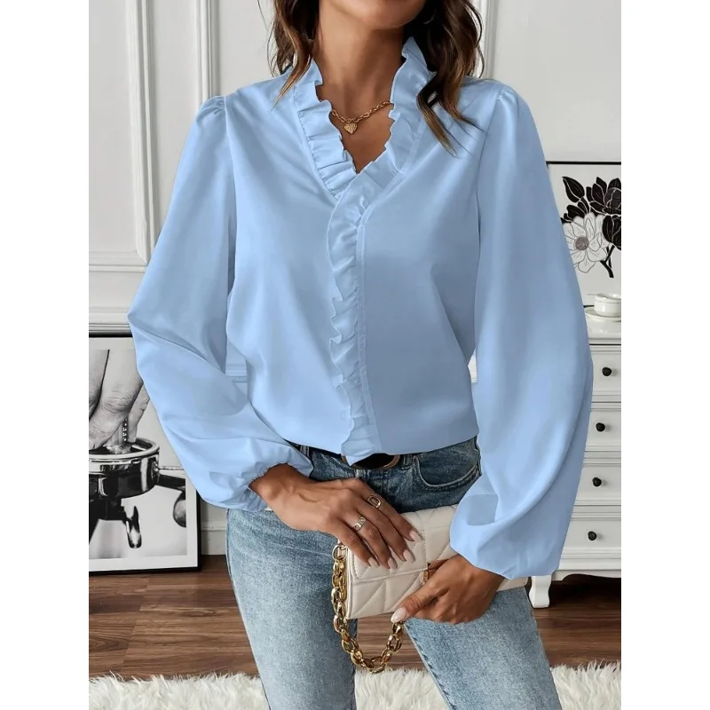 Damska koszula plus size 1XL-5XL, nowa, codzienna i modna, gładka, z koronkowym stójką i długim rękawem.
