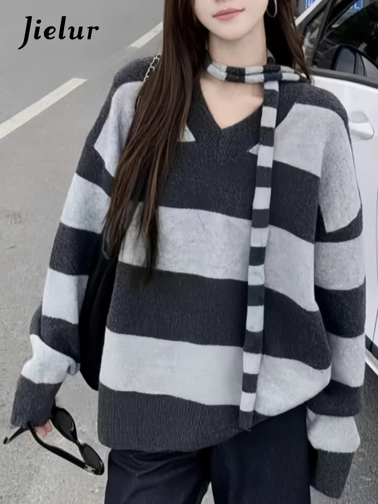 

Sweet Contrast Color Chic Striped Simple V-Neck Women Knit Pullovers Autumn Fashion Soft Loose Casual Female Sweater Pullovers