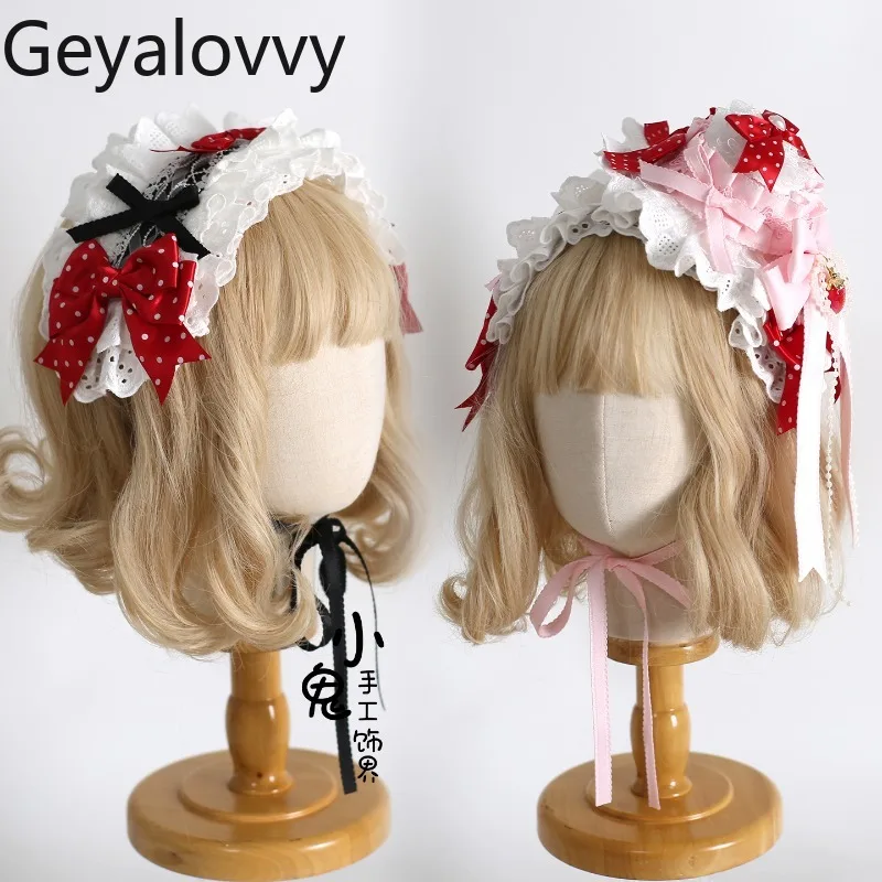 

Оригинальная повязка на голову в горошек в стиле Лолиты, милые милые универсальные аксессуары для волос для девочек, повязка для волос с бантом, кружевной торт, цилиндр для женщин