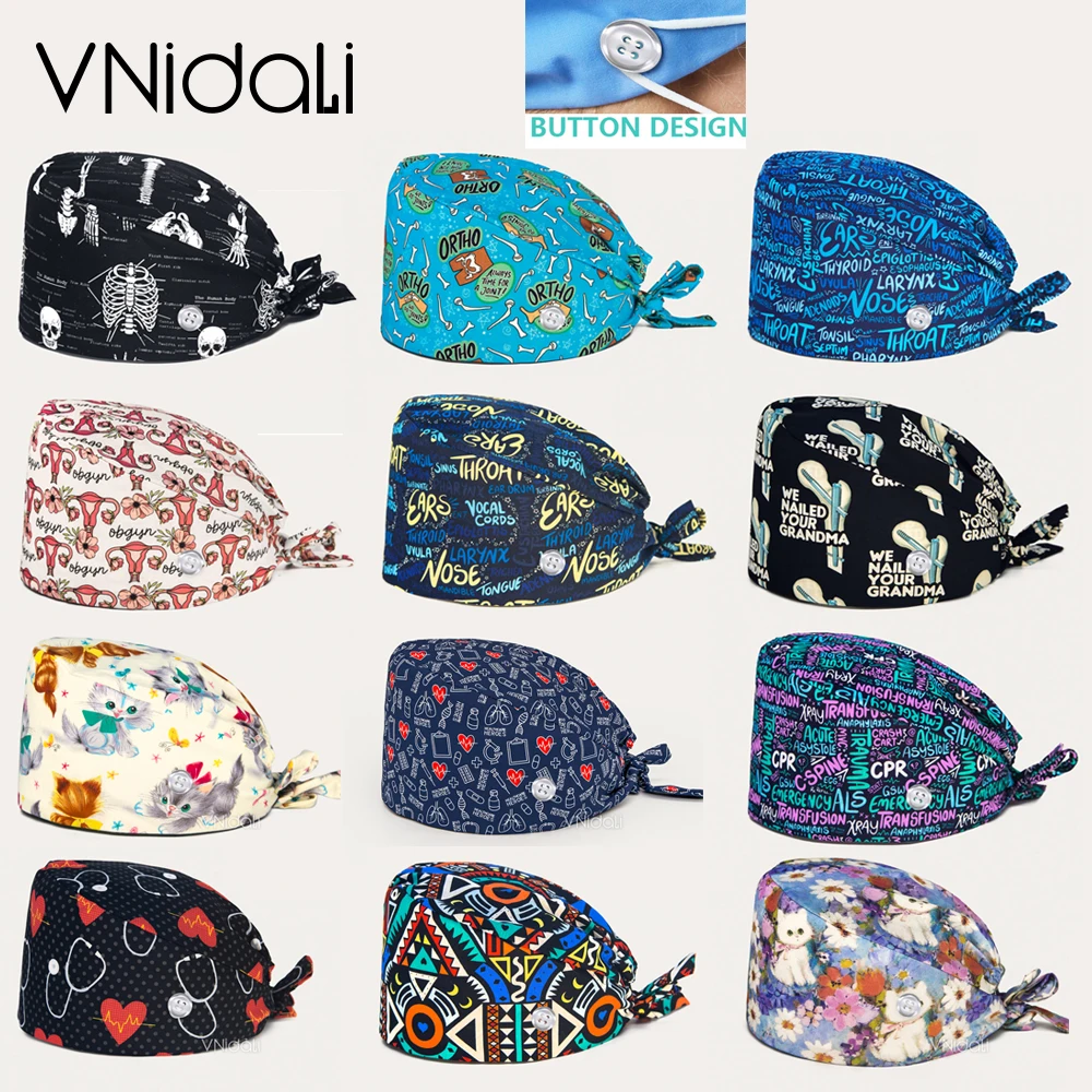 Medical Pattern Series Printed Surgical nursing cap Doctor Nurse laboratory with button scrubs cap