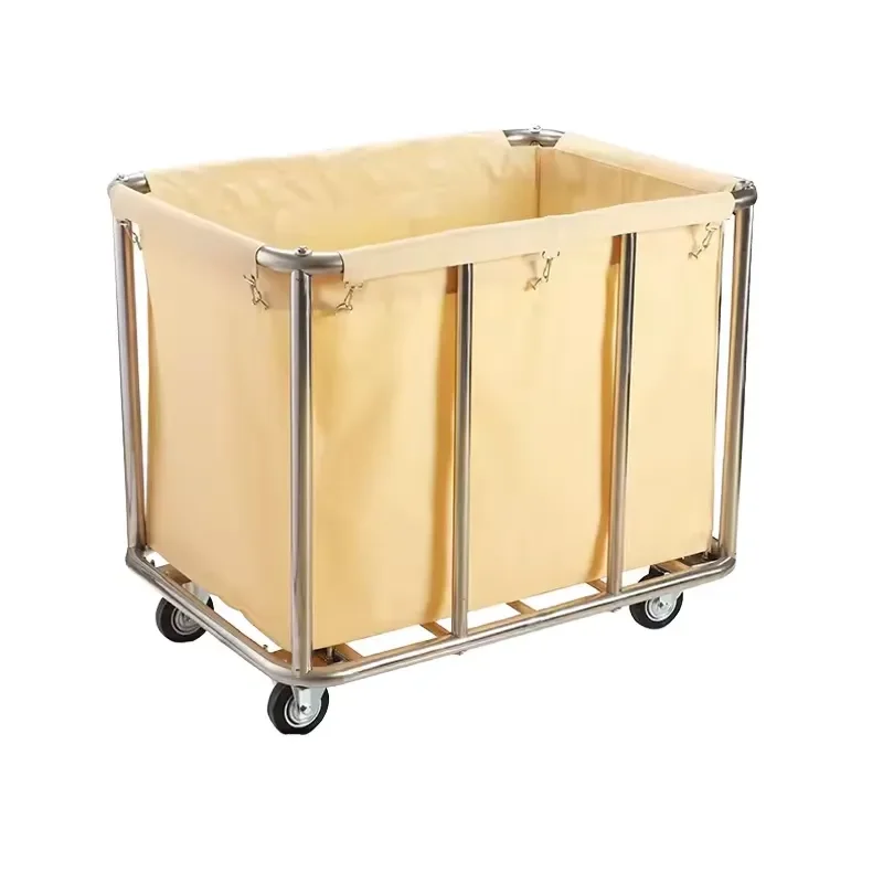 Stainless Steel Hotel Linen Cart Laundry Truck Commercial Housekeeping Service Trolley with Silent Universal Wheels 2