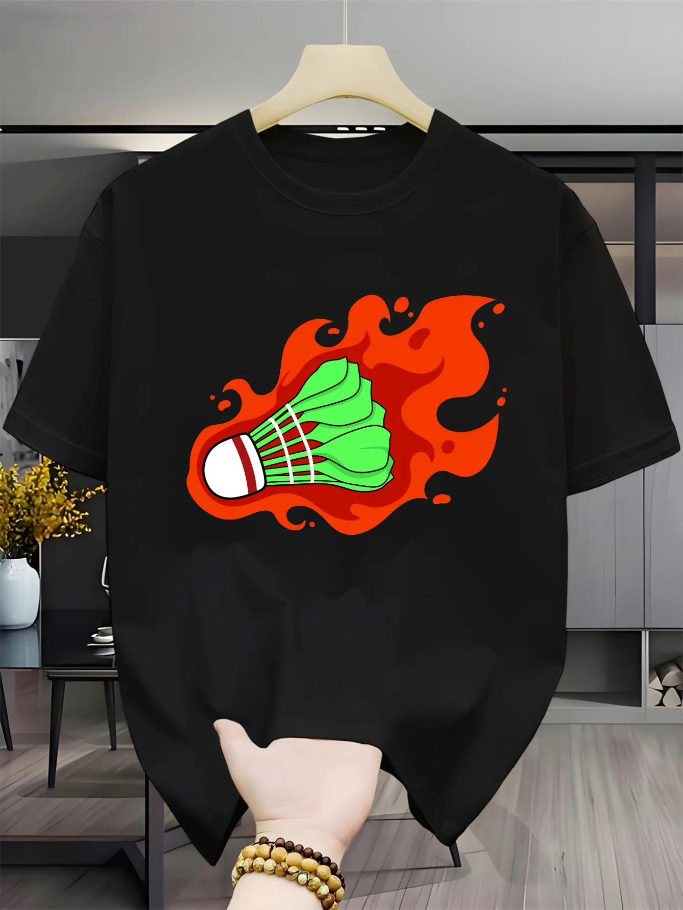 Cartoon Fire Shuttlecock Print Men Short Sleeve Tshirt Badminton Design O Neck Tee Sports Fan Casual Male Street Fashion Tops