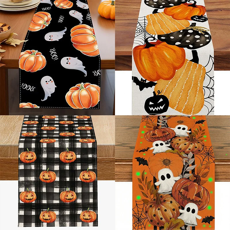 2pcs Halloween Pumpkin Ghost Bat Buffalo Plaid Table Runner Spider Web Autumn Fall Dining Table Holiday Home Decor